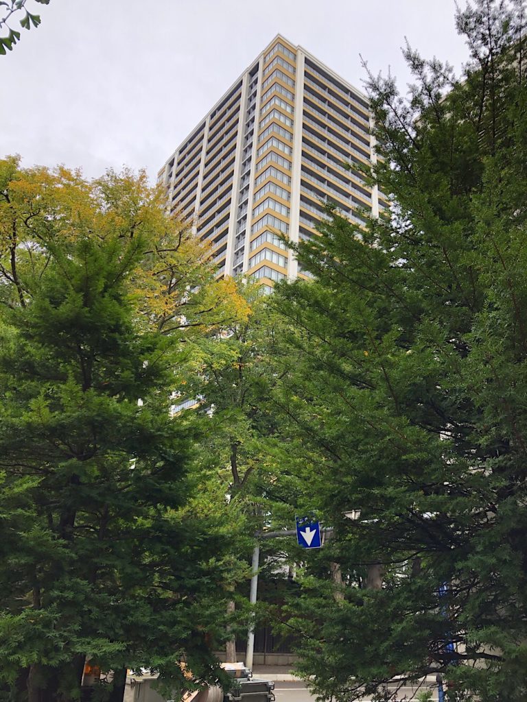南東から見上げる「ラ・トゥール札幌伊藤ガーデン」は高層階だけが見える